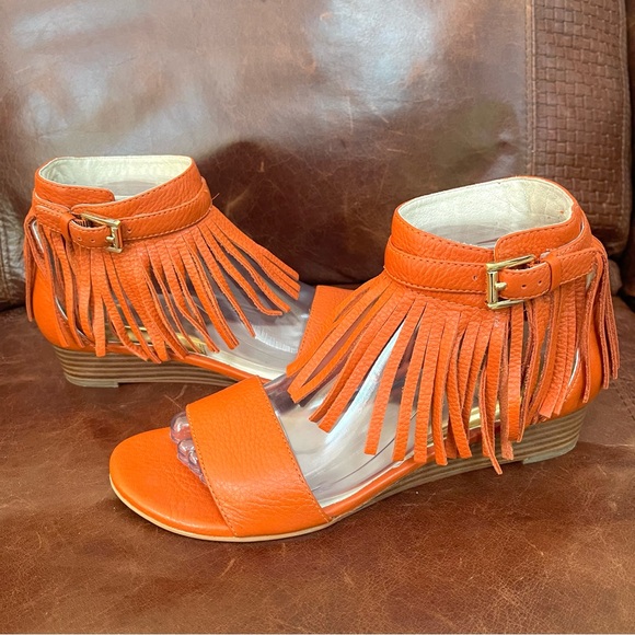 Michael Kors Leather & Ankle Strap & Fringe & Low Wedge Sandals - Picture 2 of 14
